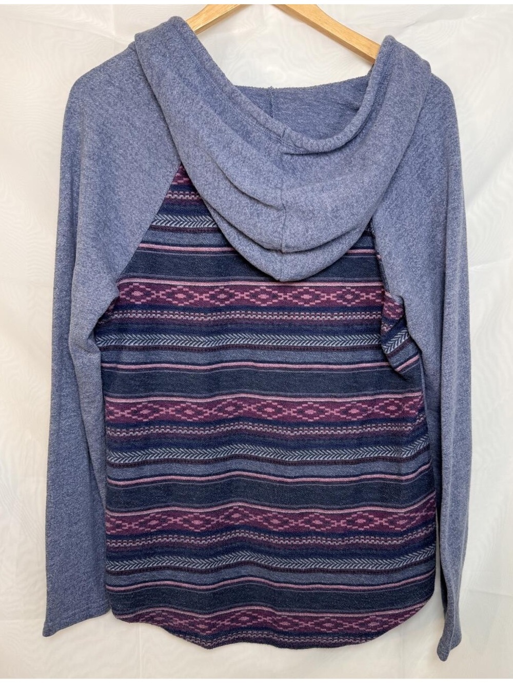 Roxy Hooded Pullover Top Blue Marl Knit Southwestern Back Panel